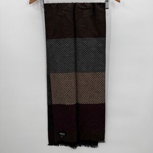 Enrico Milano Mens Silk Scarf Burgundy Brown Gray Stripe Fringe